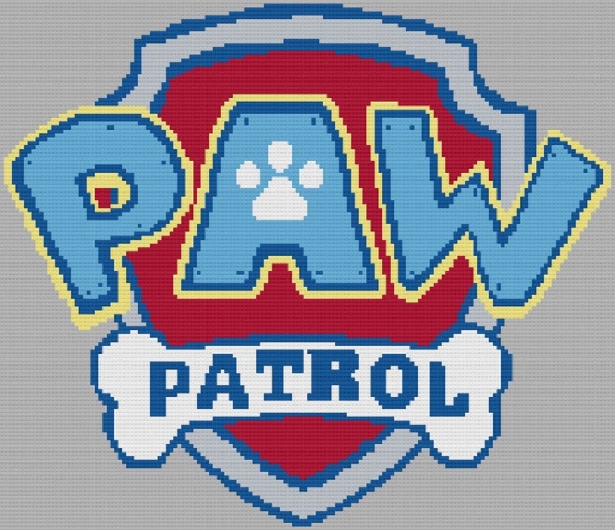  Large crochet Paw Patrol logo with blue stitching for the writing and a red, blue, and white shield in the background.