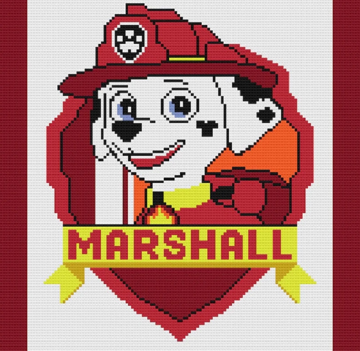 Crochet Paw Patrol blanket with Marshall in the center of a shield with his name printed underneath in red lettering.