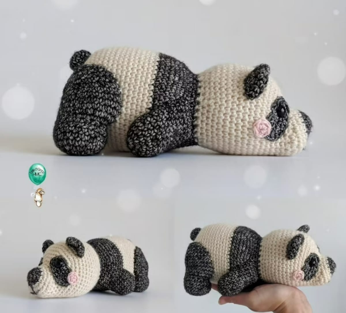 Cream and black crochet panda laying on the round with pink circles next to its eyes. Panda is lying side profile in a series of three images.