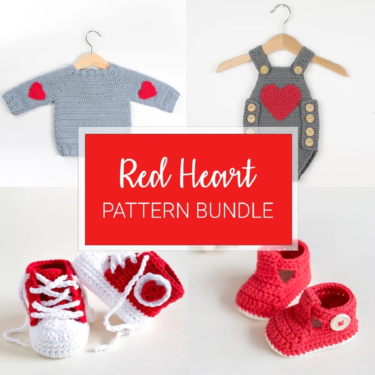 A pale blue jumper with red hearts on the arms, a green baby romper with a heart in the center and buttons down the side and two pairs of red crochet shoes. 
