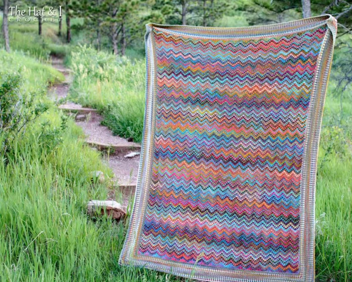 A multicolored blanket with zig-zag pattern and a vertical trim on all four sides hangs on a line in front of overgrown grass.