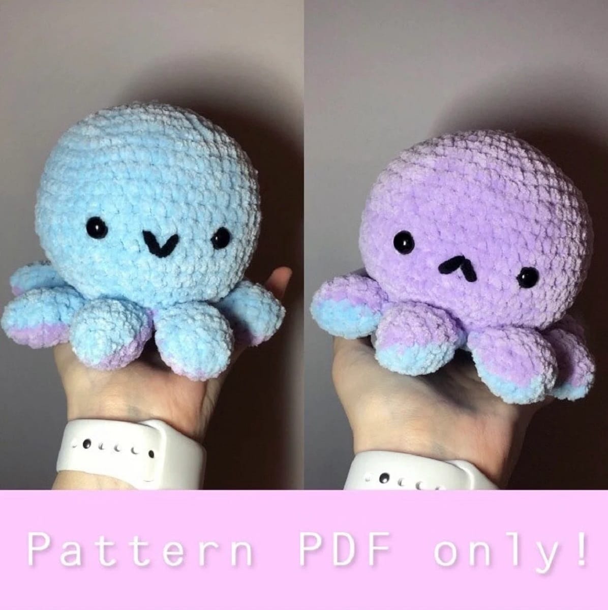 Reversible blue and purple crochet octopus with small, chubby tentacles. The blue octopus has a small smile and the purple a sad face.