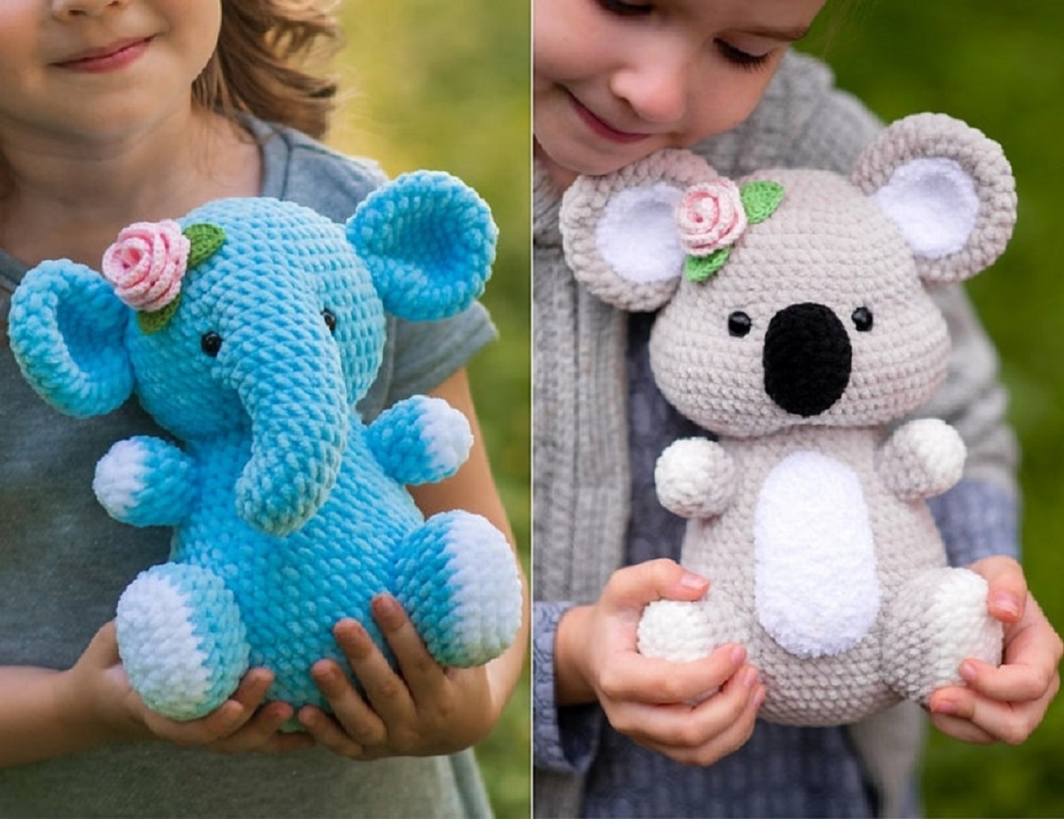 Young girl holding a blue crochet stuffed elephant with a pink rose on its head next to a girl holding a beige crochet koala bear.