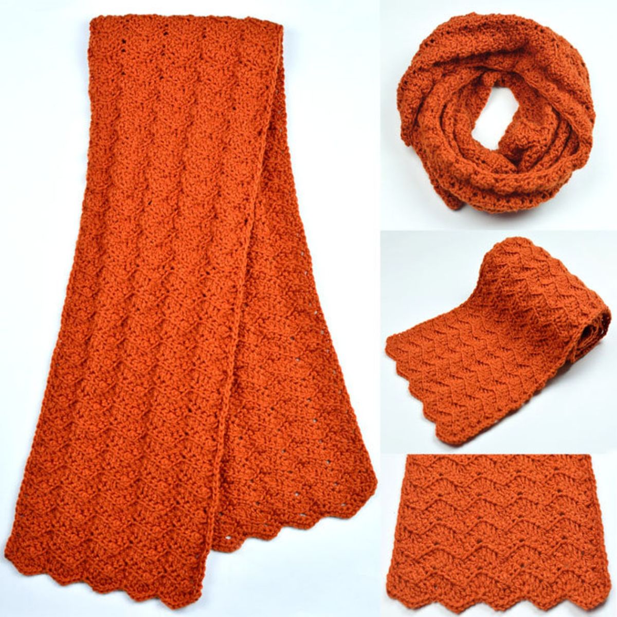 An orange crochet chevron style scarf folded in half next to the same scarf in a circle with a scalloped trim on the bottom.