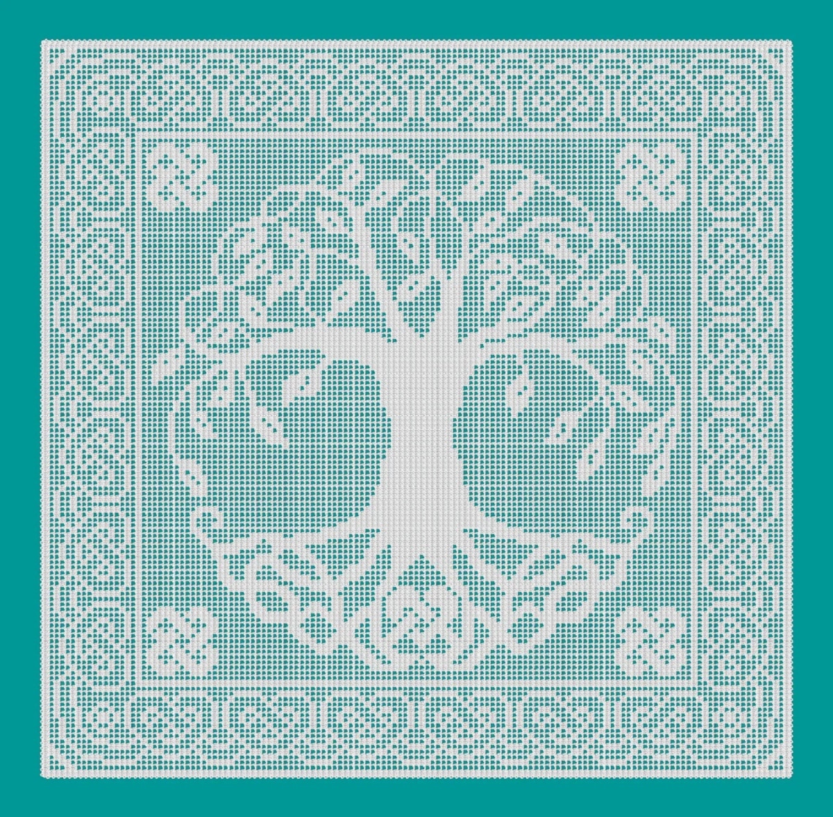 Green and white celtic style tree of life in the center with heart shaped stitches as a border on all sides.