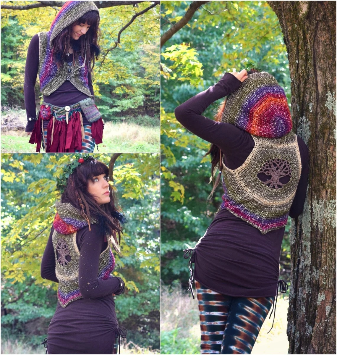 Brunette woman standing by a tree wearing a crochet hooded vest in gray, yellow, and red with a tree of life on the back.