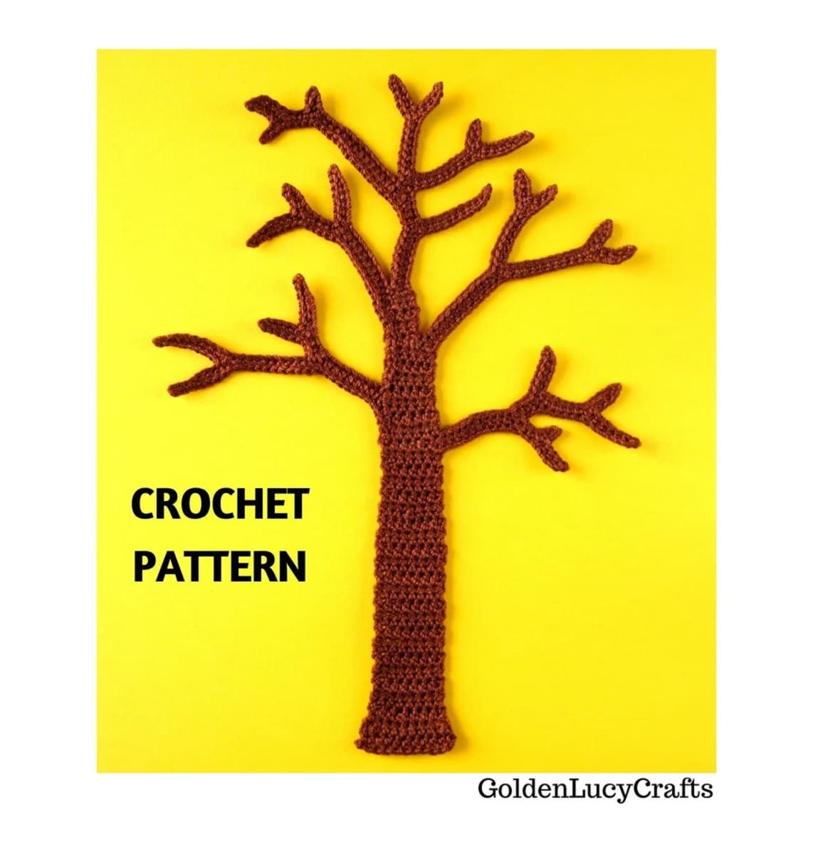 Brown crochet tree of life that can be added to other designs on a bright yellow background.