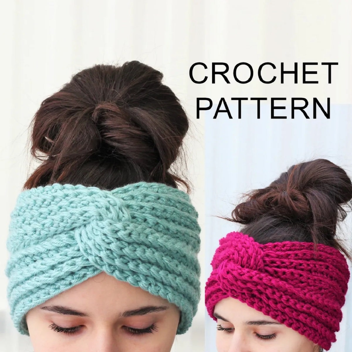 A brunette girl wearing a blue crochet headband with a twist design in the front and a dark pink headband in the same design.