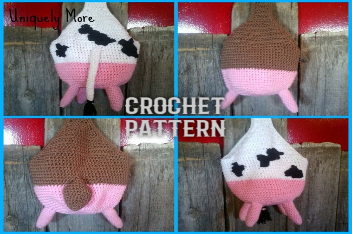  Four crochet bags of cow udders in white, black, brown, and pink on a wooden floor