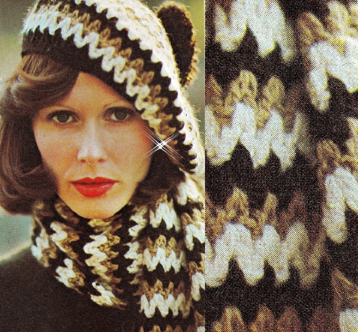 Brunette woman wearing a white, brown, and black crochet beret with a zig zag design on the front and a matching scarf.