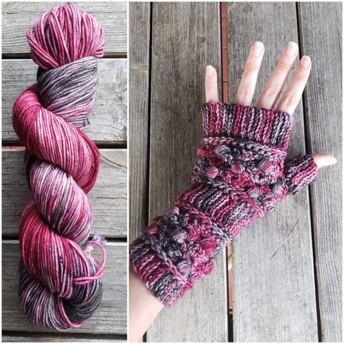 A twisted strip of pink and purple yarn next to a hand wearing a fingerless glove using the same color yarn with ribbed sections and a diamond shape pattern. 
