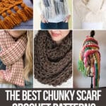 photo collage of big scarf crochet patterns with text which reads the best chunky scarf crochet patterns curated by crochet.life