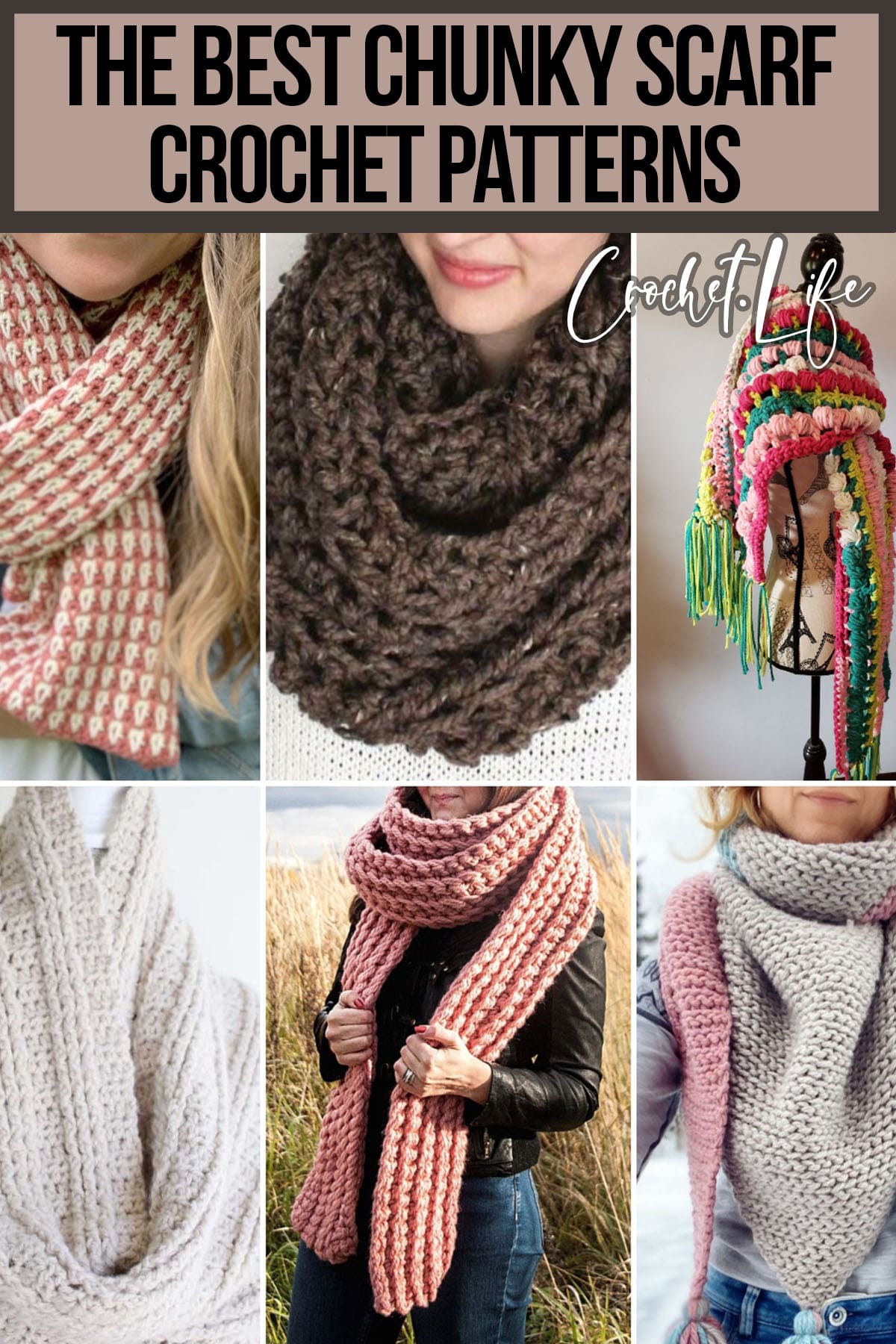 photo collage of crochet chunky scarf patterns with text which reads the best chunky scarf crochet patterns