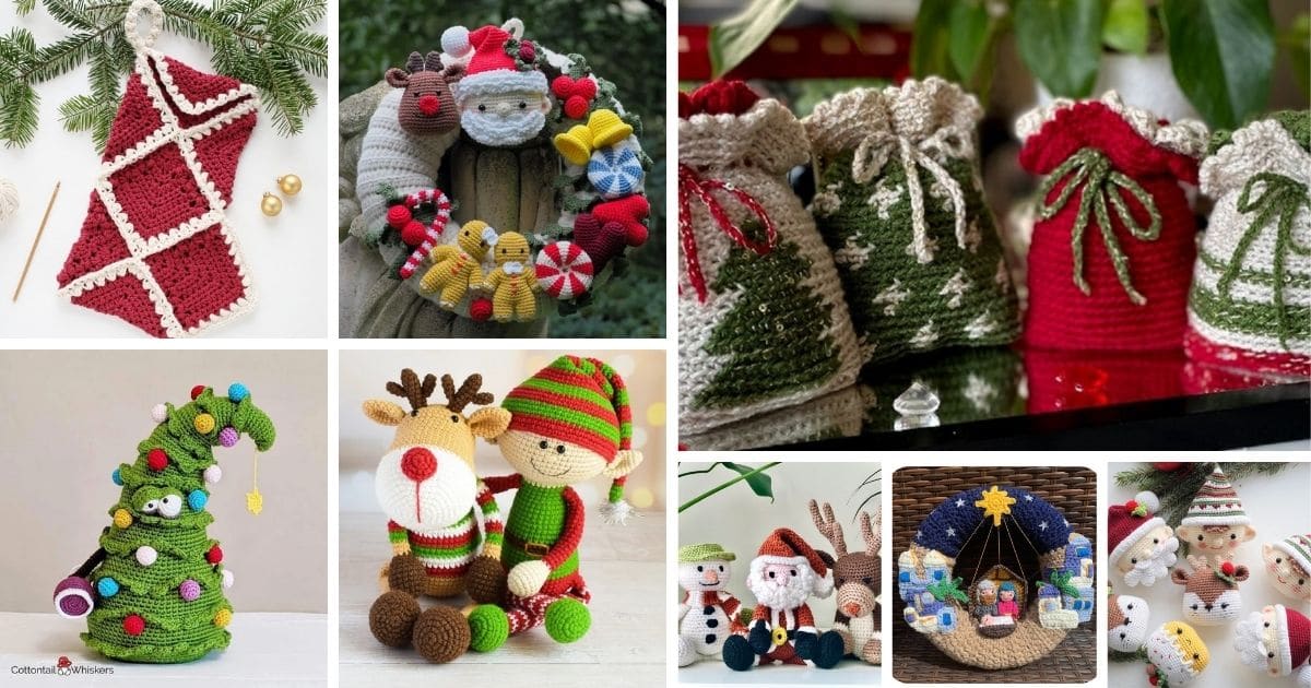 Collage of Christmas stockings, wreaths, gift sacks, and decorations on white and green festive backgrounds.