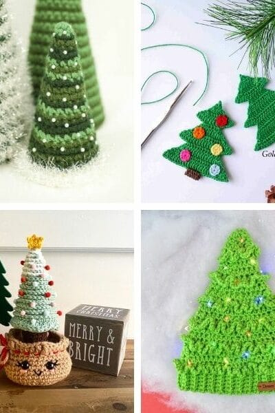 A collage of green crochet Christmas trees with red and white bobbles next to a Christmas tree style beanie hat.
