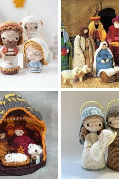 A collage of four different nativity scenes featuring Mary, Joseph, Jesus and the wisemen.