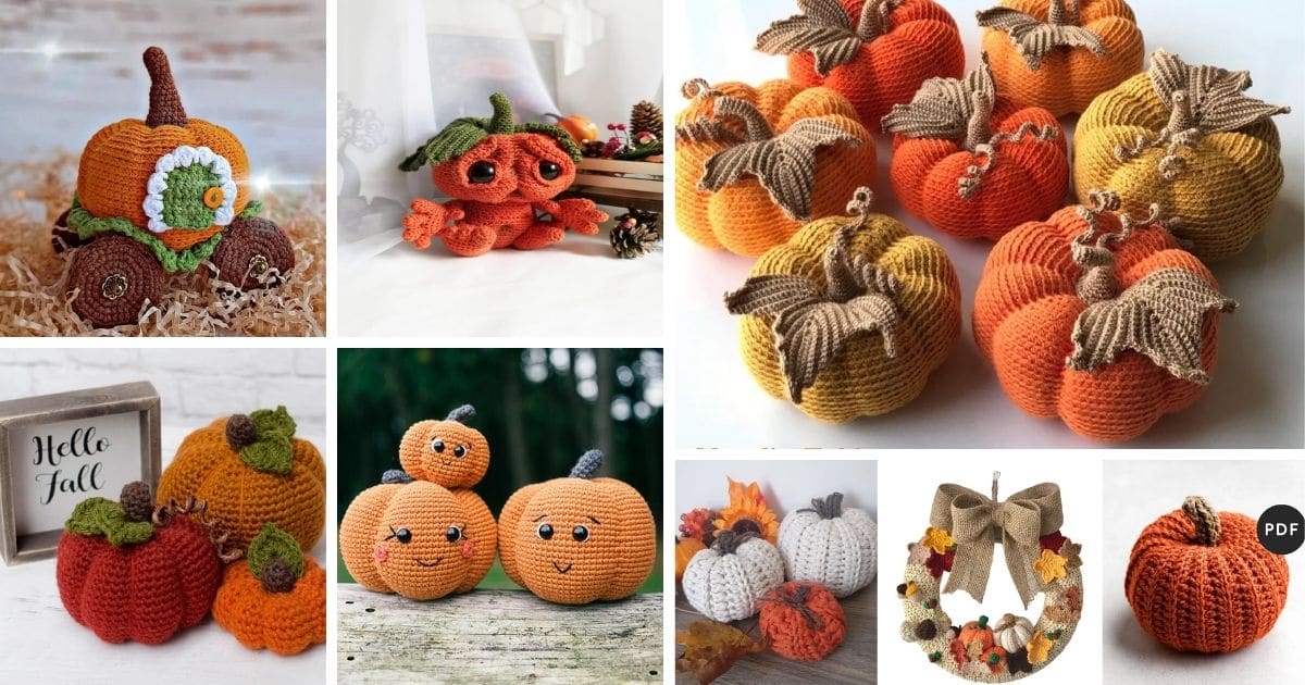 A collage of different sized crochet pumpkins on white backgrounds with brown or green stems and leaves on top.