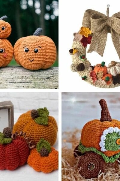 A collage of orange pumpkins in various sizes and a beige wreath covered in pumpkins and autumn leaves.