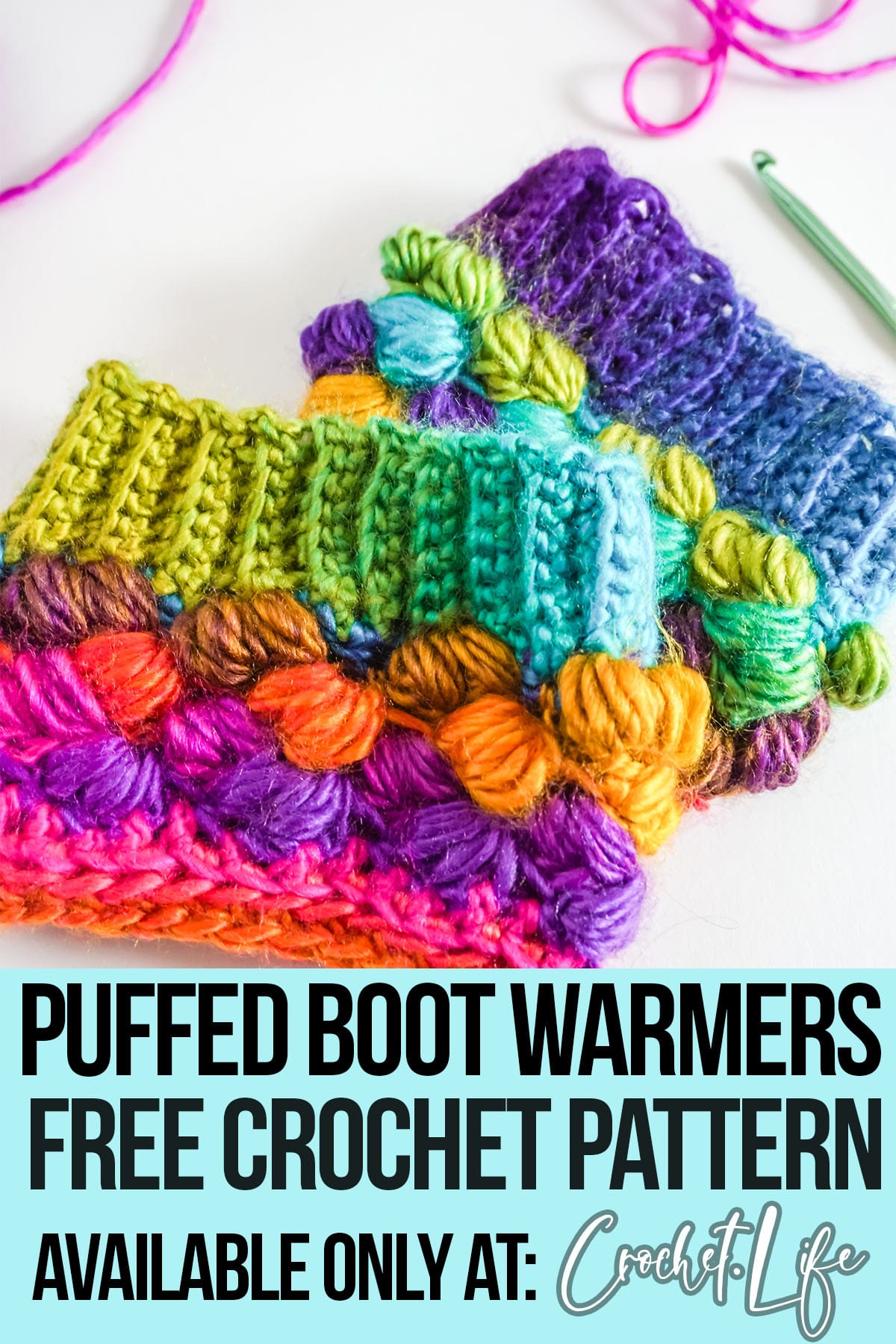 easy winter boot cuff crochet pattern with text which reads puffed boot warmers free crochet pattern available only at crochet.life