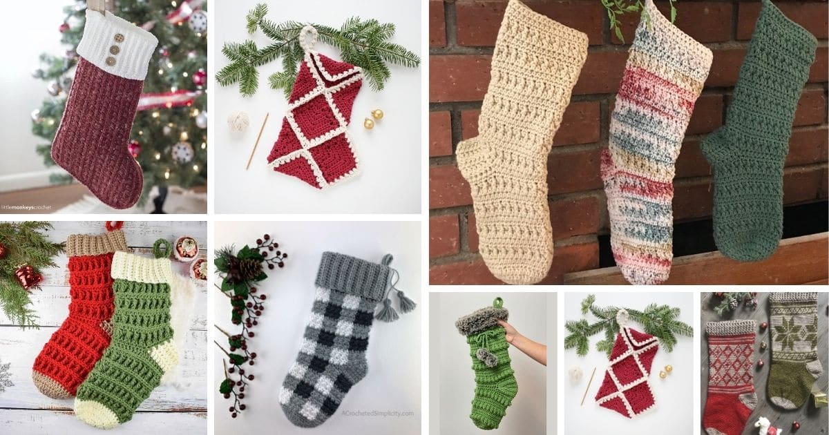 A collage of different crochet Christmas stockings in a range of colors, sizes, and designs.