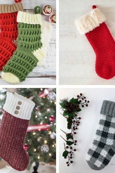 Five Christmas stockings in red, green, and black ad white sitting on festive backgrounds with Christmas trees and decorations.
