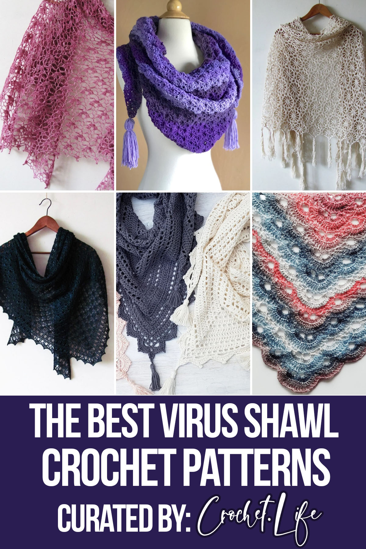 photo collage of crochet patterns for Virus Shawls with text which reads the best virus shawl Crochet Patterns curated by crochet.life
