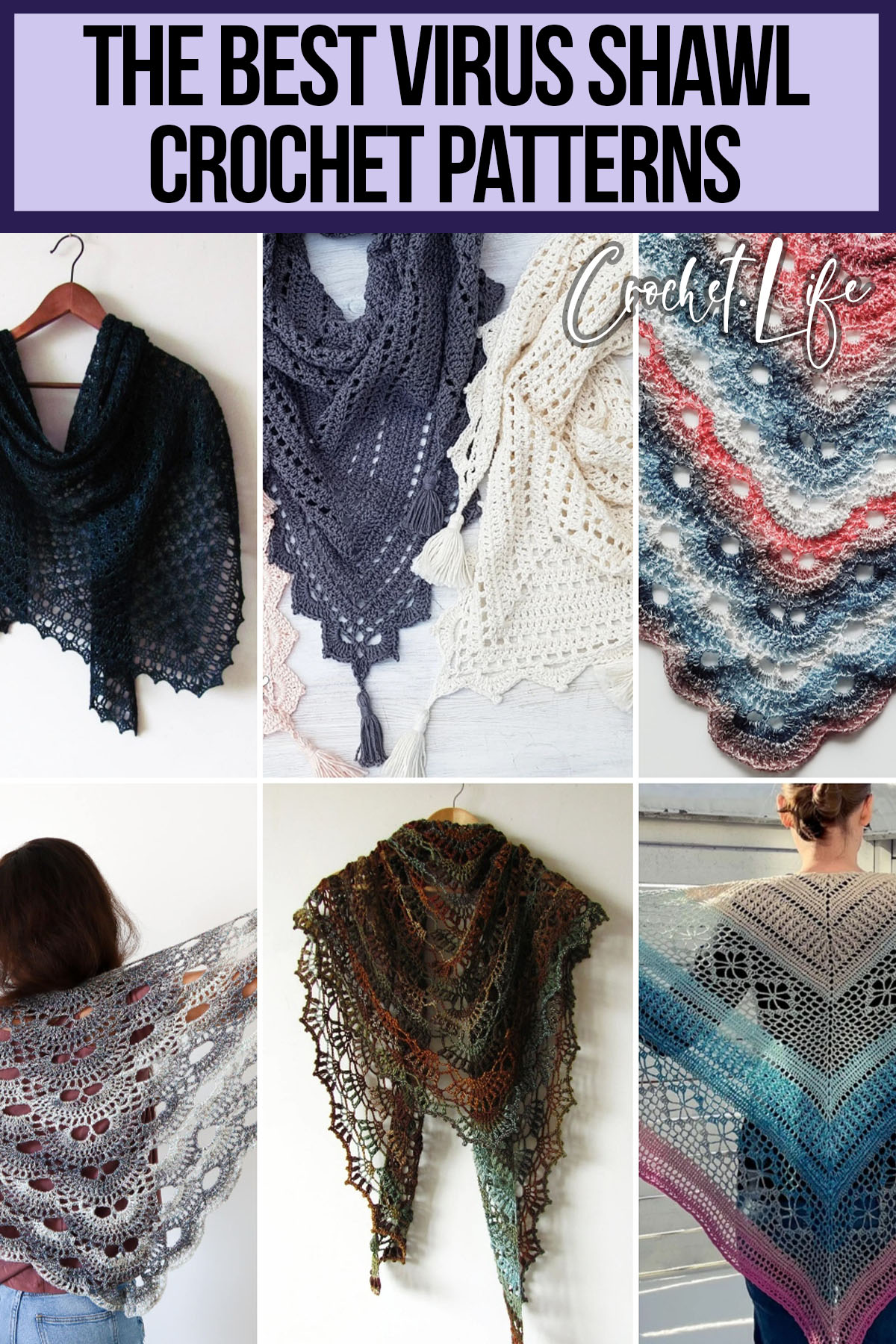 photo collage of easy crochet shawl patterns with text which reads the best Virus Shawl Crochet Patterns 