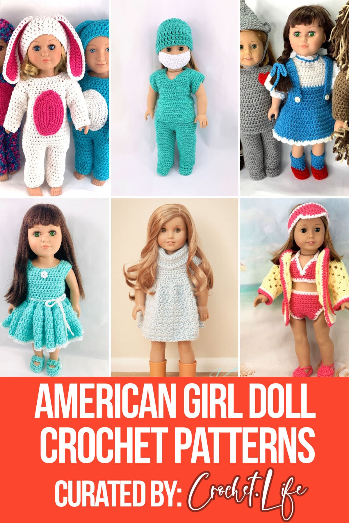 photo collage of crochet patterns for american girl dolls with text which reads american girl doll crochet patterns curated by crochet.life