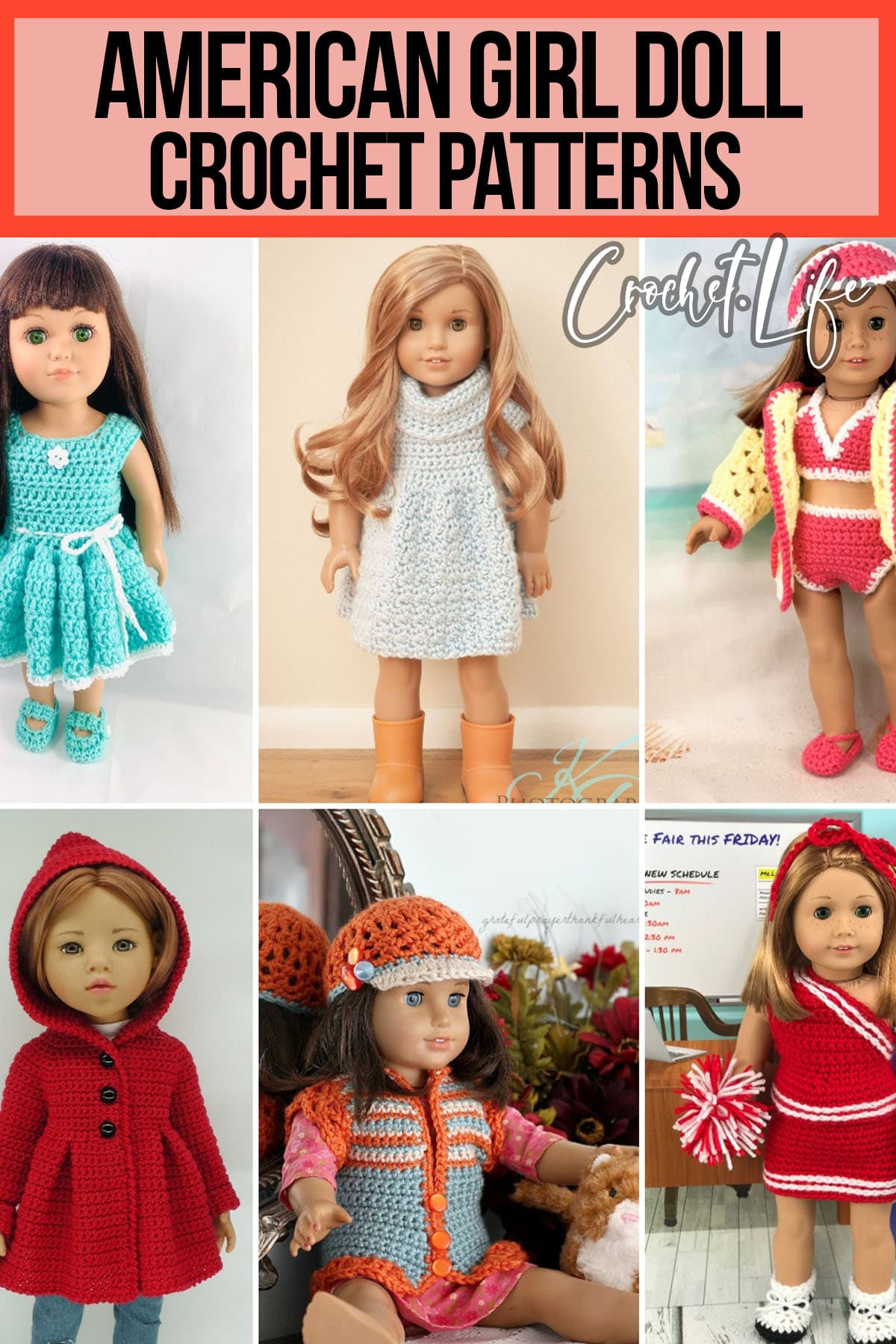 photo collage of crochet patterns for 14-inch dolls with text which reads american girl doll crochet patterns