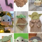 photo collage of crochet baby yoda patterns