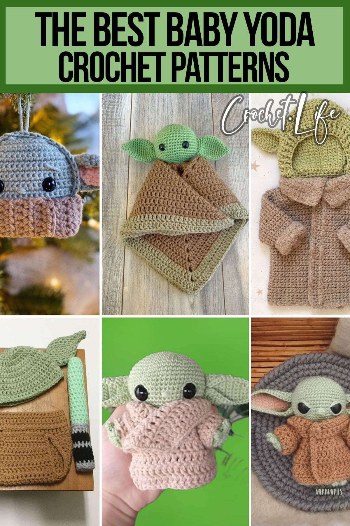 photo collage of easy crochet patterns for baby yoda with text which reads the best baby yoda crochet patterns 