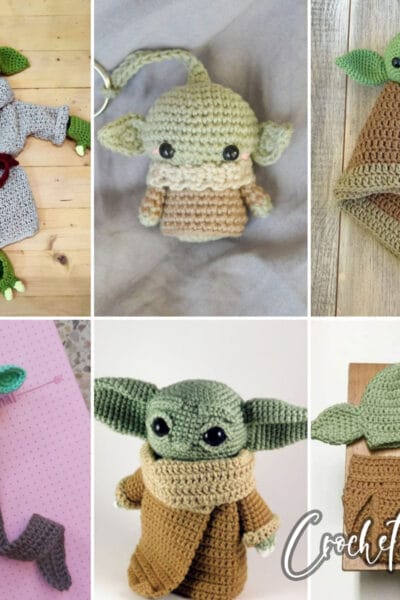photo collage of baby yoda crochet patterns