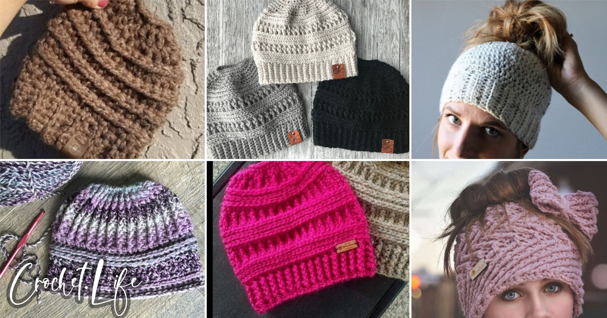 photo collage of best messy bun hat crochet patterns