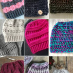 photo collage of best messy bun hat easy crochet patterns