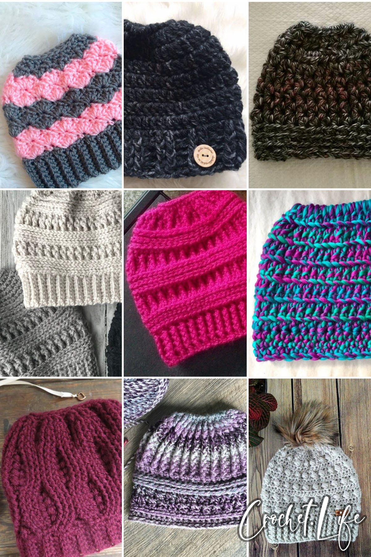 Crochet Lightweight Messy Bun Hat pink and purple