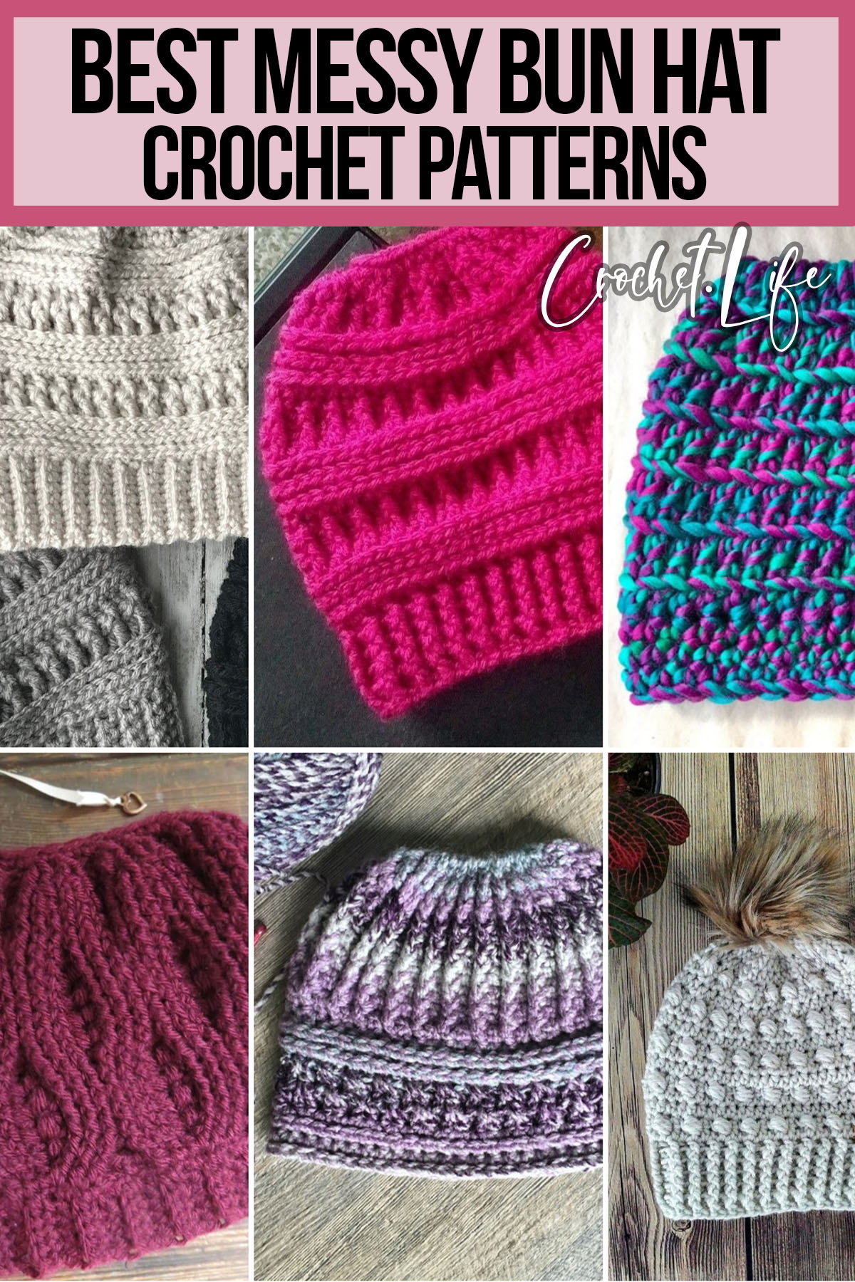photo collage of easy ponytail hat crochet patterns with text which reads best messy bun hat crochet patterns