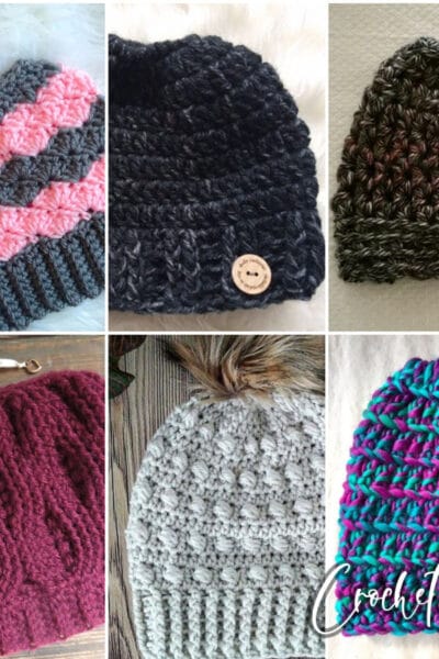 photo collage of crochet patterns for messy bun hats