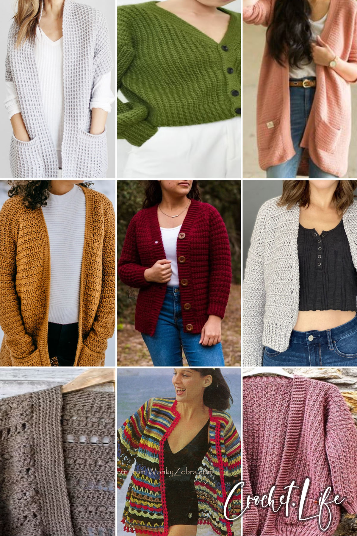 photo collage of crochet cardigan patterns 