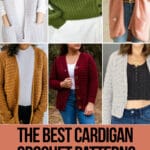 photo collage of easy cardigan patterns for crocheting with text which reads the best cardigan crochet patterns curated by crochet.life