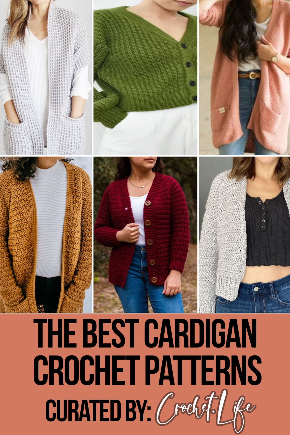 photo collage of easy cardigan patterns for crocheting with text which reads the best cardigan crochet patterns curated by crochet.life