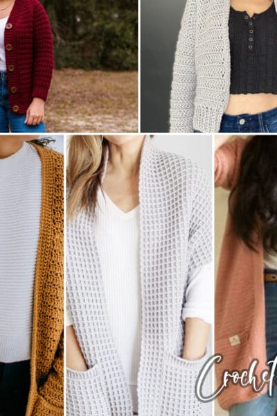photo collage of cardigan crochet patterns
