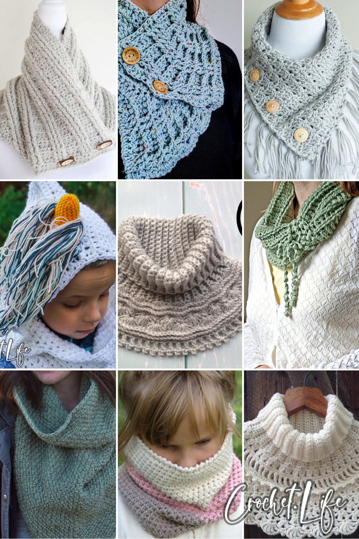 photo collage of crochet cowl patterns
