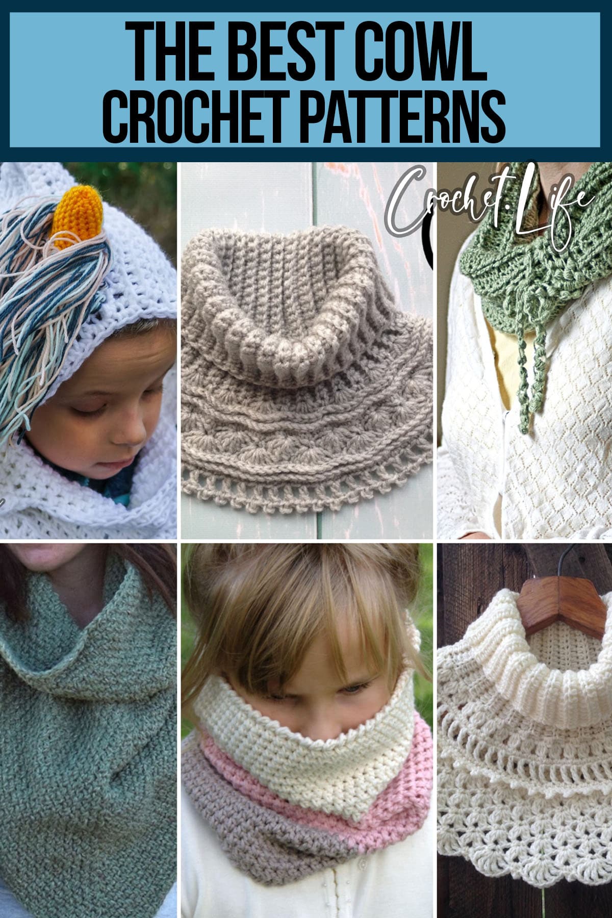 photo collage of crochet patterns for cowls with text which reads the best cowl crochet patterns