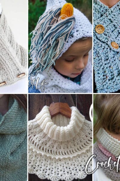 photo collage of cowl crochet patterns