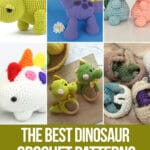 photo collage of crochet dinosaur patterns with text which reads the best dinosaur crochet patterns curated by crochet.life