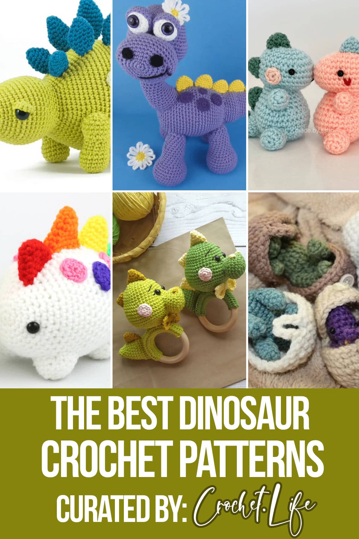 photo collage of crochet dinosaur patterns with text which reads the best dinosaur crochet patterns curated by crochet.life