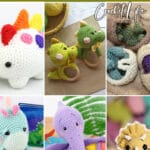 photo collage of crochet patterns for dinosaurs with text which reads dinosaur crochet patterns