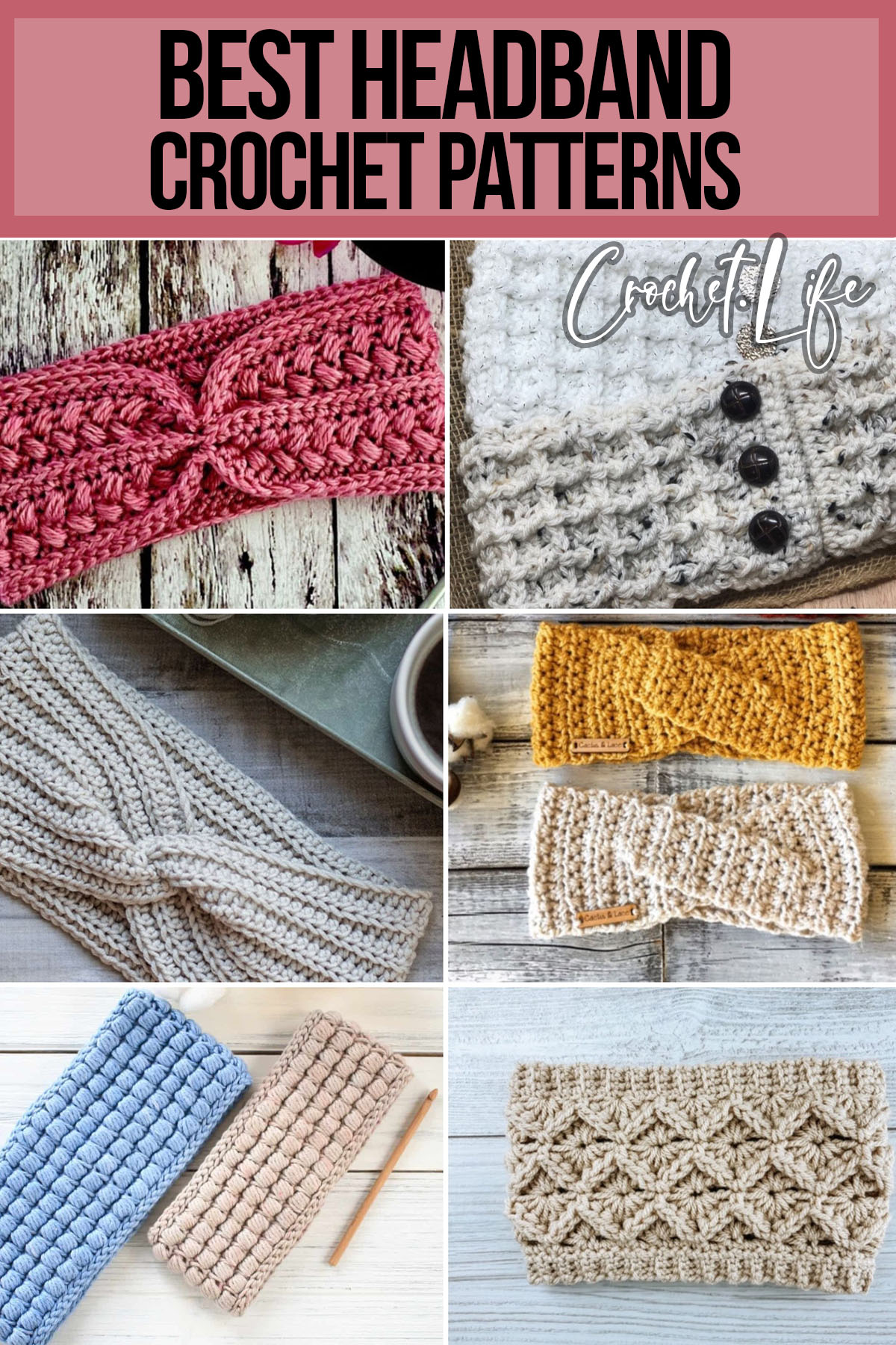 photo collage of ear warmer crochet patterns with text which reads best headband crochet patterns
