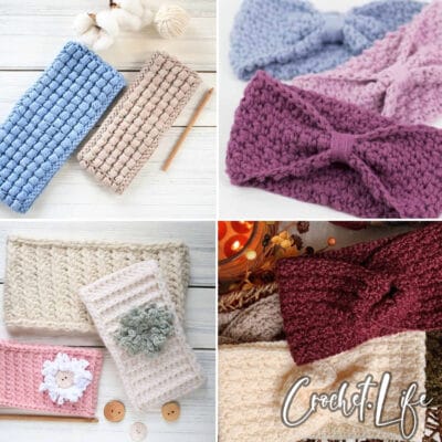 photo collage of ear warmer crochet patterns