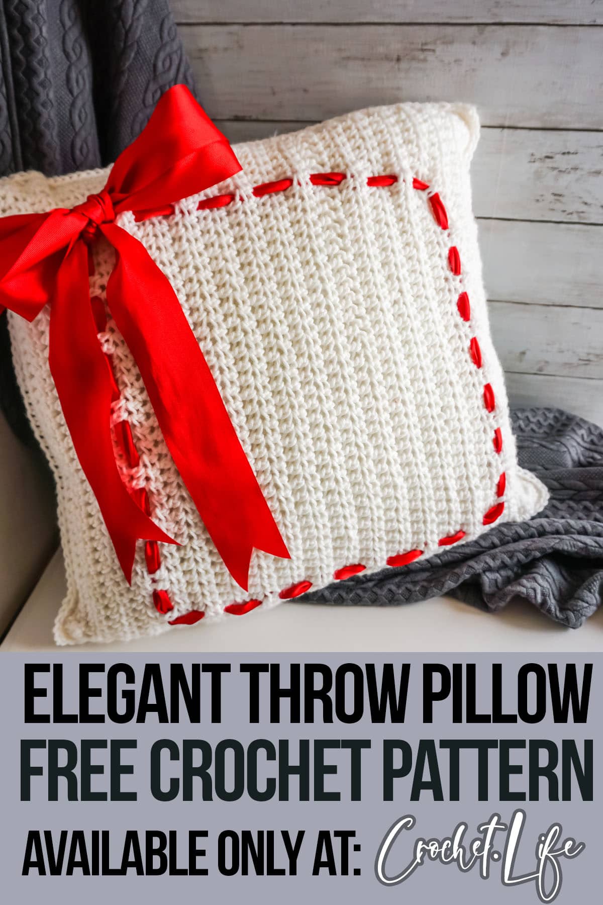 easy crochet pillow pattern with text which reads elegant throw pillow free crochet pattern